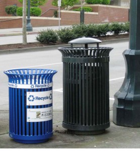Recycling cans and bottles in downtown Everett