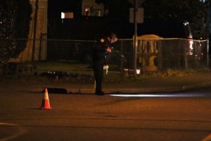 An officer looks for evidence along Beverly Lane.